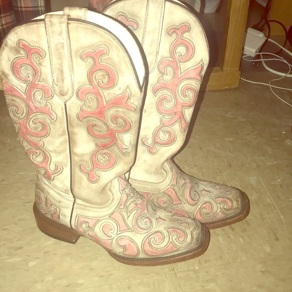 Pink and white cowboy boots